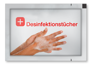 Hände-Desinfektionstücher - Lassen Sie bei uns individuelle Sachets mit feuchten Tücher gedrängt in Desinfektionsmittel extrem günstig bedrucken!
